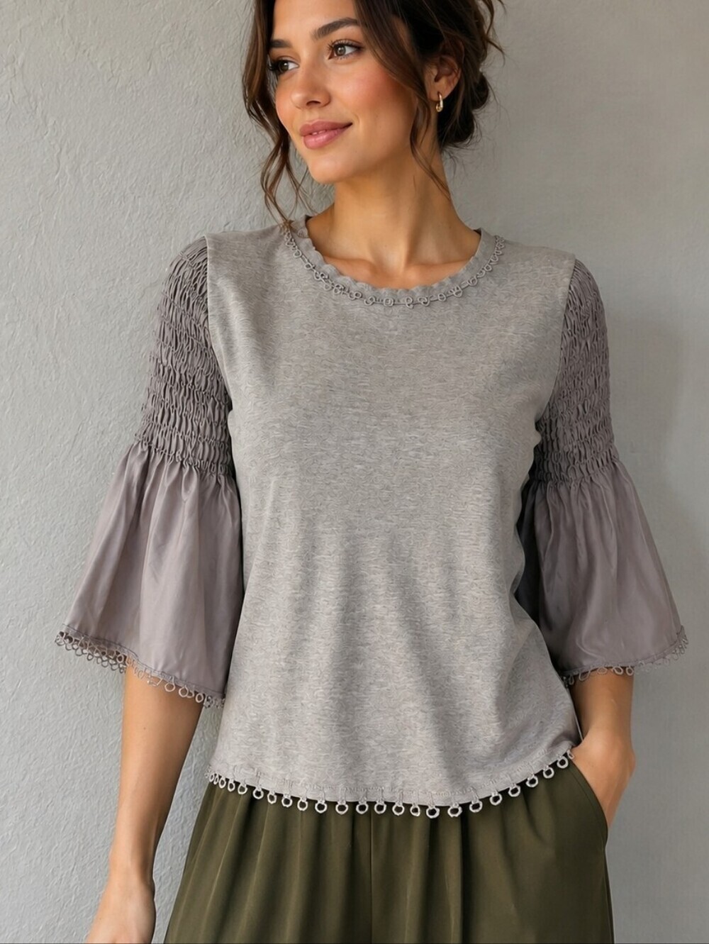 KOBI HALPERIN Gray Smocked Bell-Sleeve Scallop Trim Top